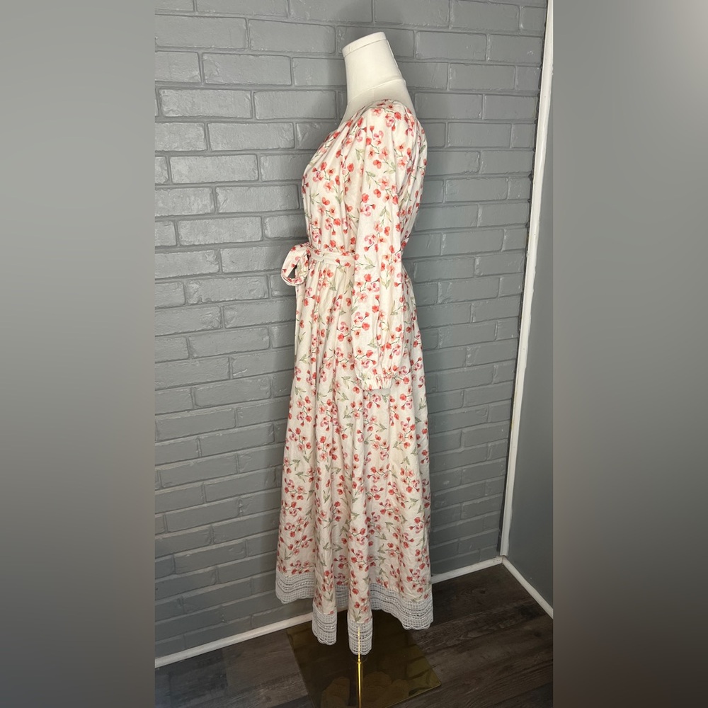 Linen Vibes Floral Tie-Waist Maxi Dress in Cream and Coral Lace Hem Size XS - Picture 8 of 13